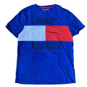 Tommy Hilfiger Sport Shirt Blue White Logo Short Sleeve Small